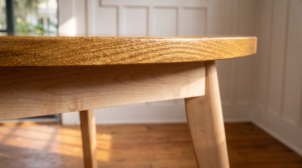 A close view of a golden oiled elm table edge above a pale maple skirt and leg