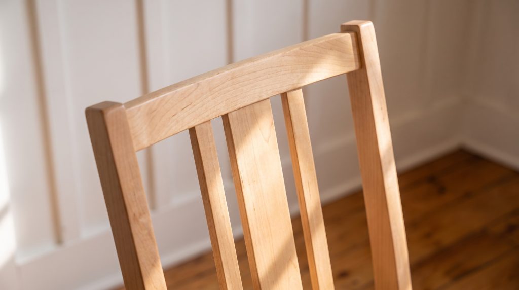 A close view of three pale maple slats under a curved chair rail