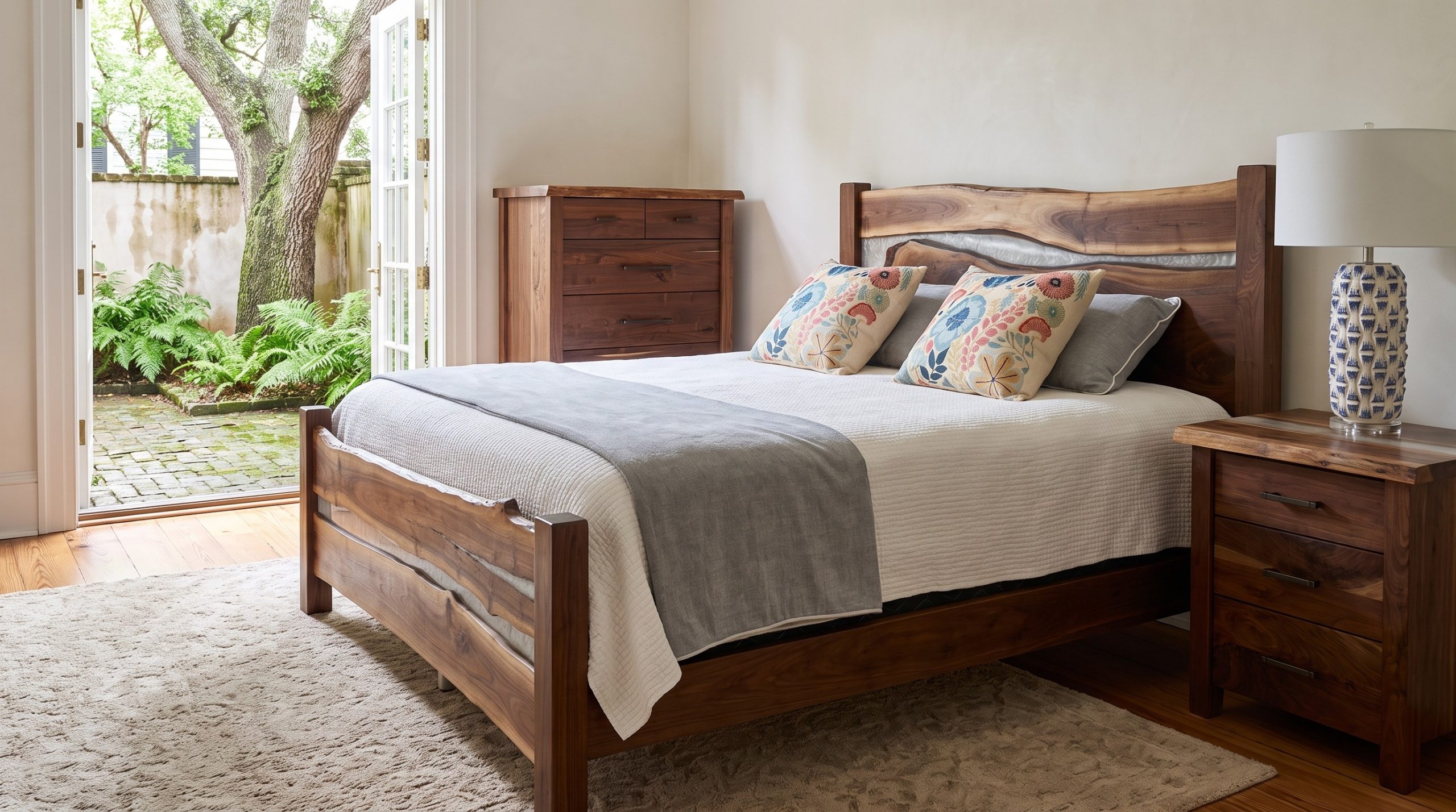 A live-edge walnut king bed with a pearl resin river through the headboard, a walnut nightstand and tall chest, French doors open to a brick courtyard