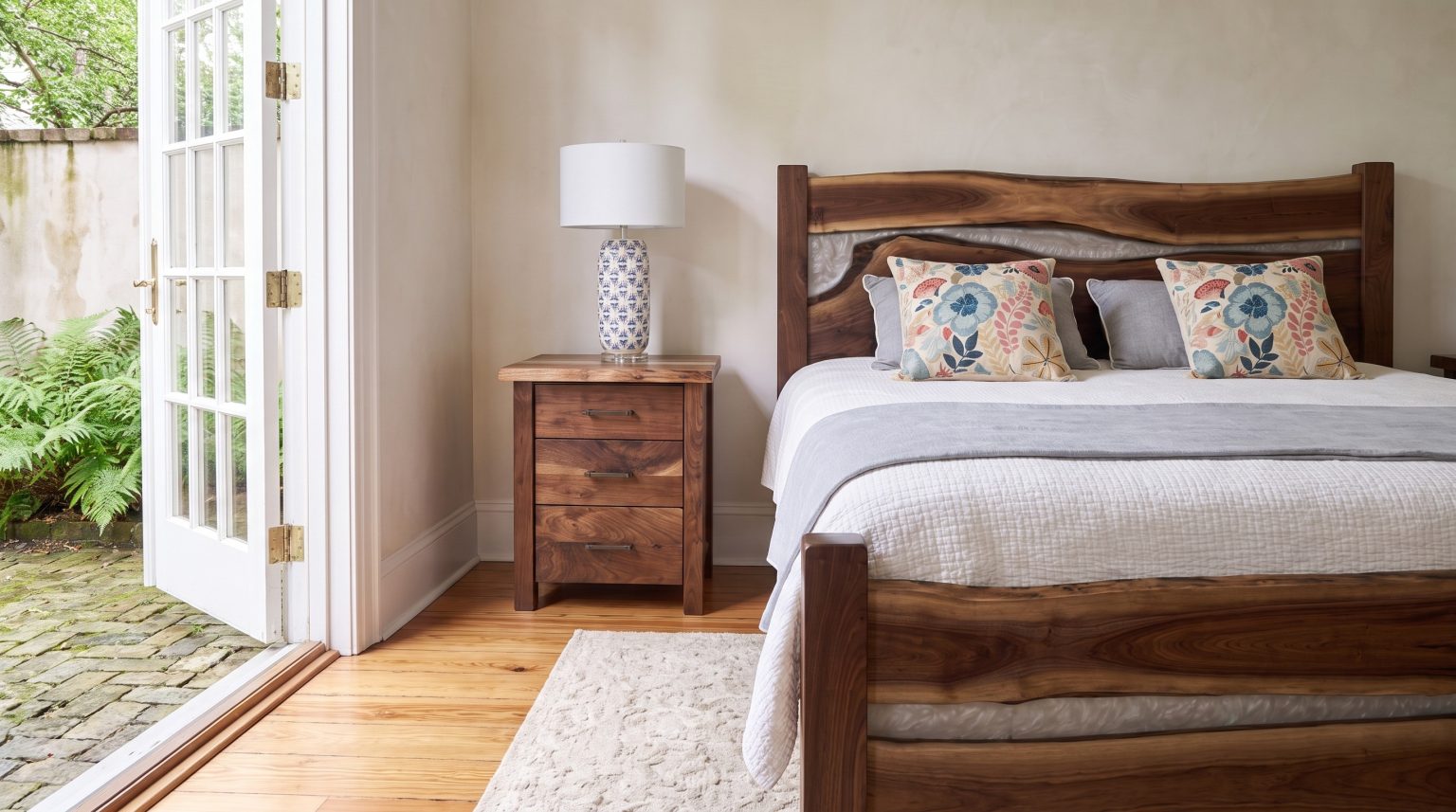 A live-edge walnut bed with a pearl resin river in the headboard and a walnut nightstand, French doors open
