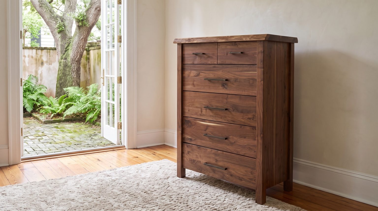 A tall rustic walnut chest with bronze bar pulls against a plaster wall