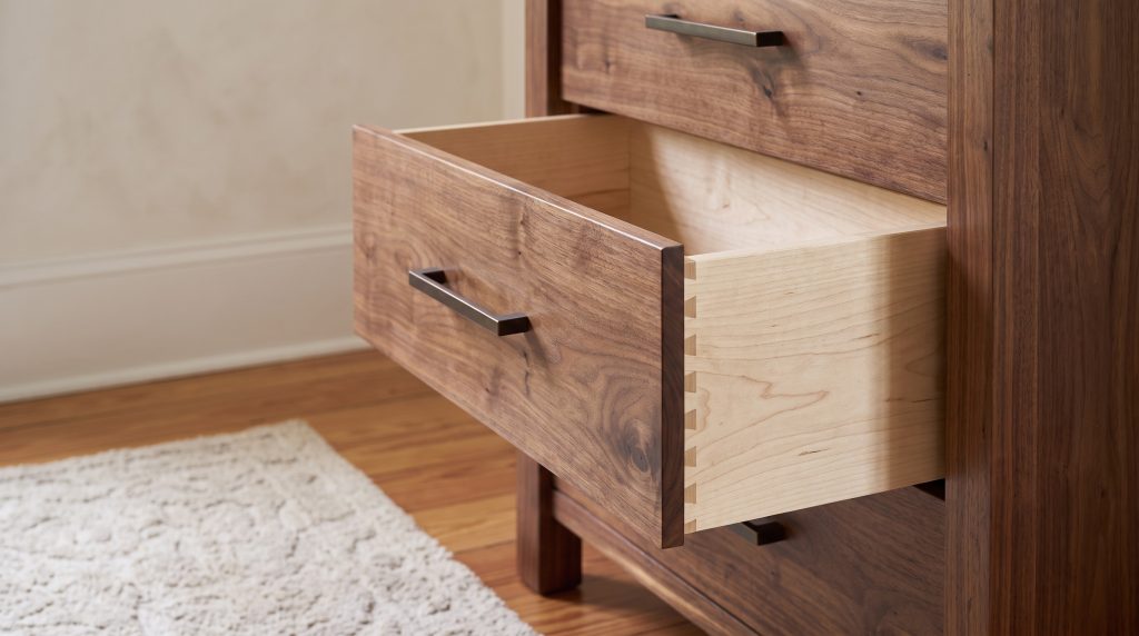 A close view of an open walnut drawer showing a pale dovetailed drawer box