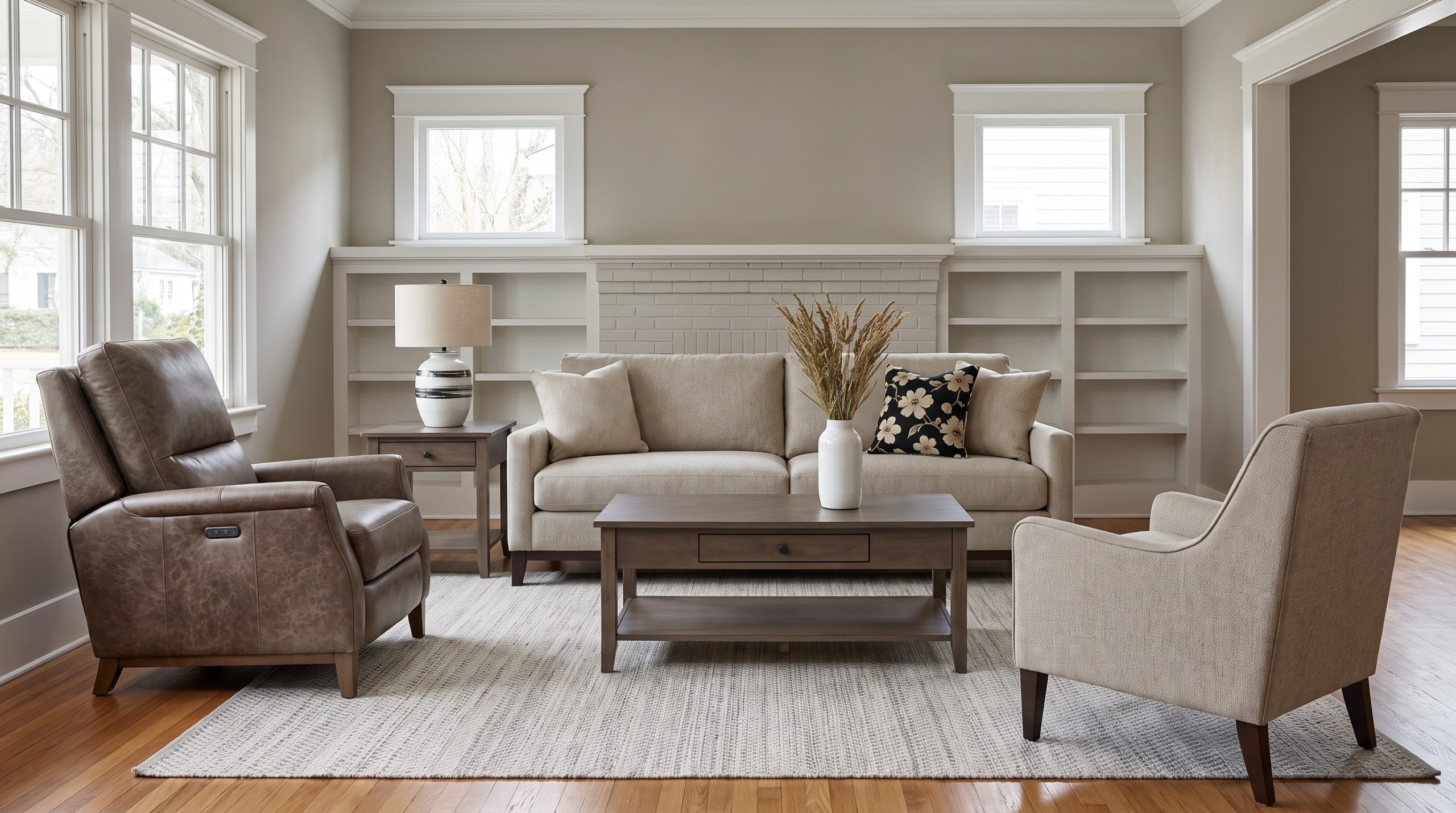An oatmeal sofa and chair with a taupe leather recliner and smoke-gray maple tables in a bungalow living room with white built-ins around a brick fireplace