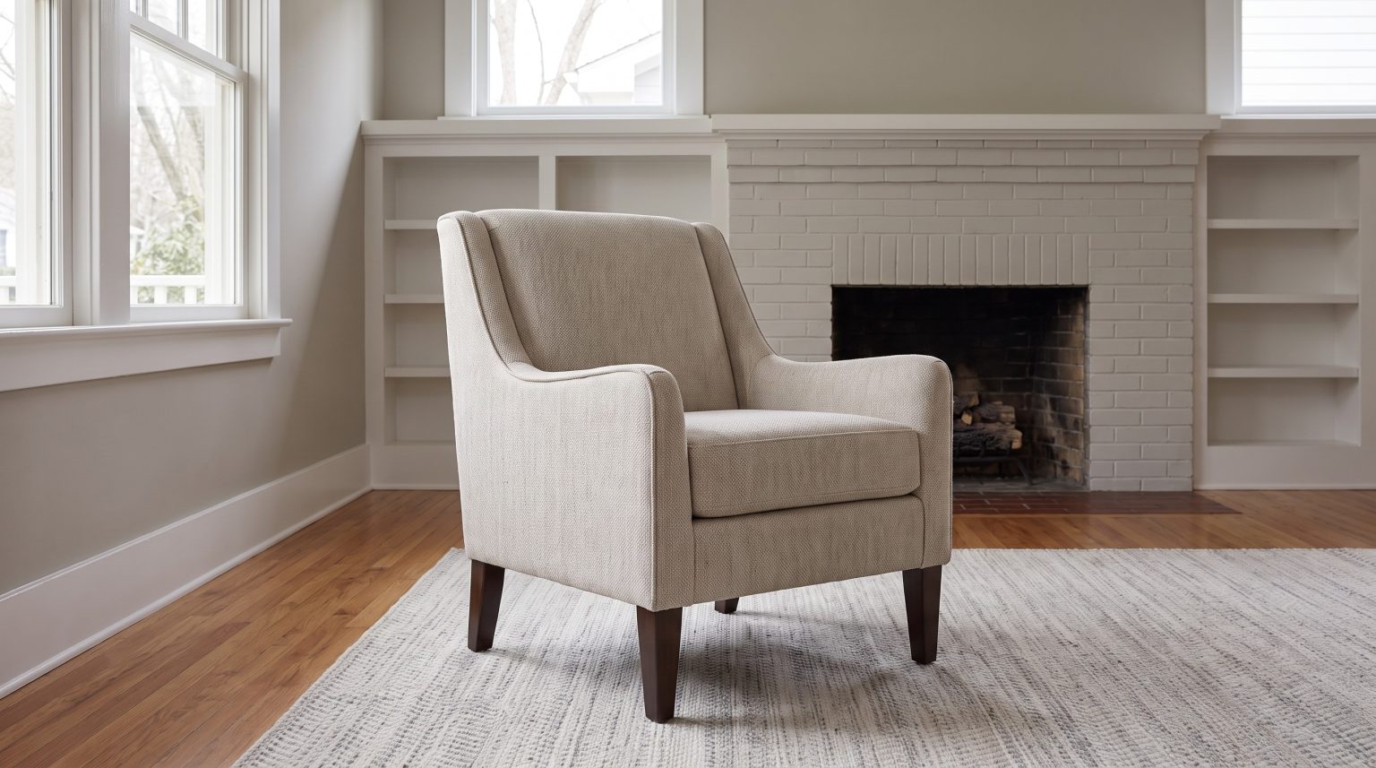 An oatmeal upholstered armchair on dark tapered legs in front of a white brick fireplace