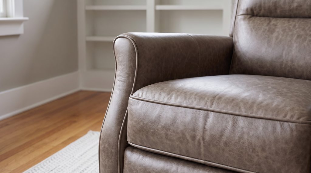 A close view of mottled taupe leather where a recliner arm meets the welted seat