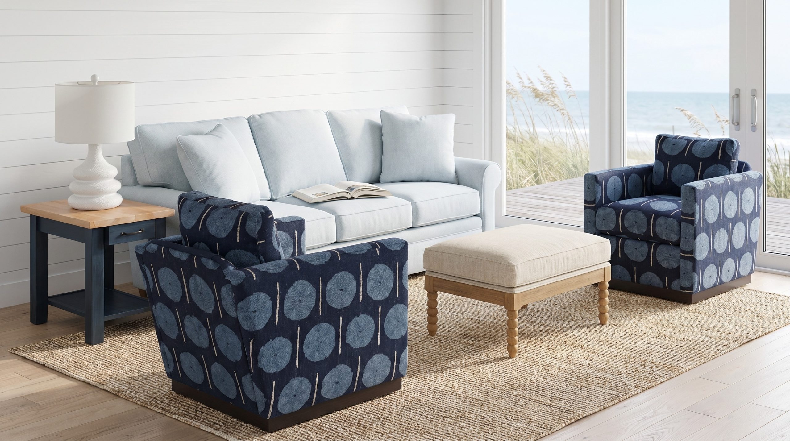 Two swivel chairs in a navy dandelion print, an ice-blue sofa, a spool-leg ottoman and an ink-blue end table in a white shiplap room open to the dunes