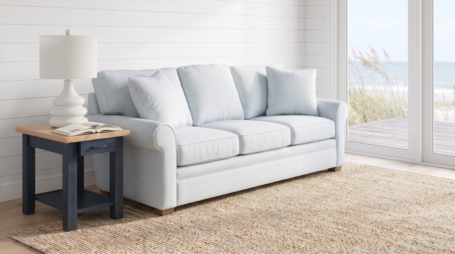 An ice-blue rolled-arm sofa beside a natural maple and ink-blue end table against white shiplap