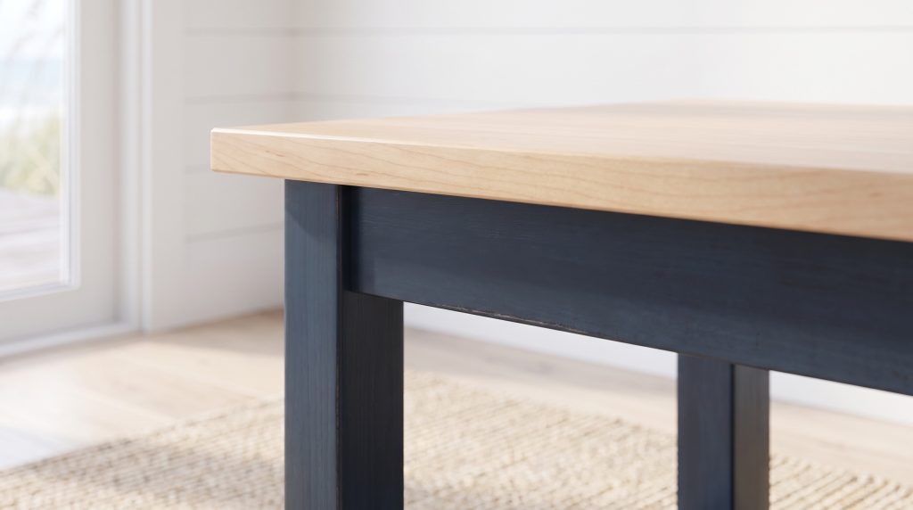 A close view of a natural maple table top over an ink-blue painted leg