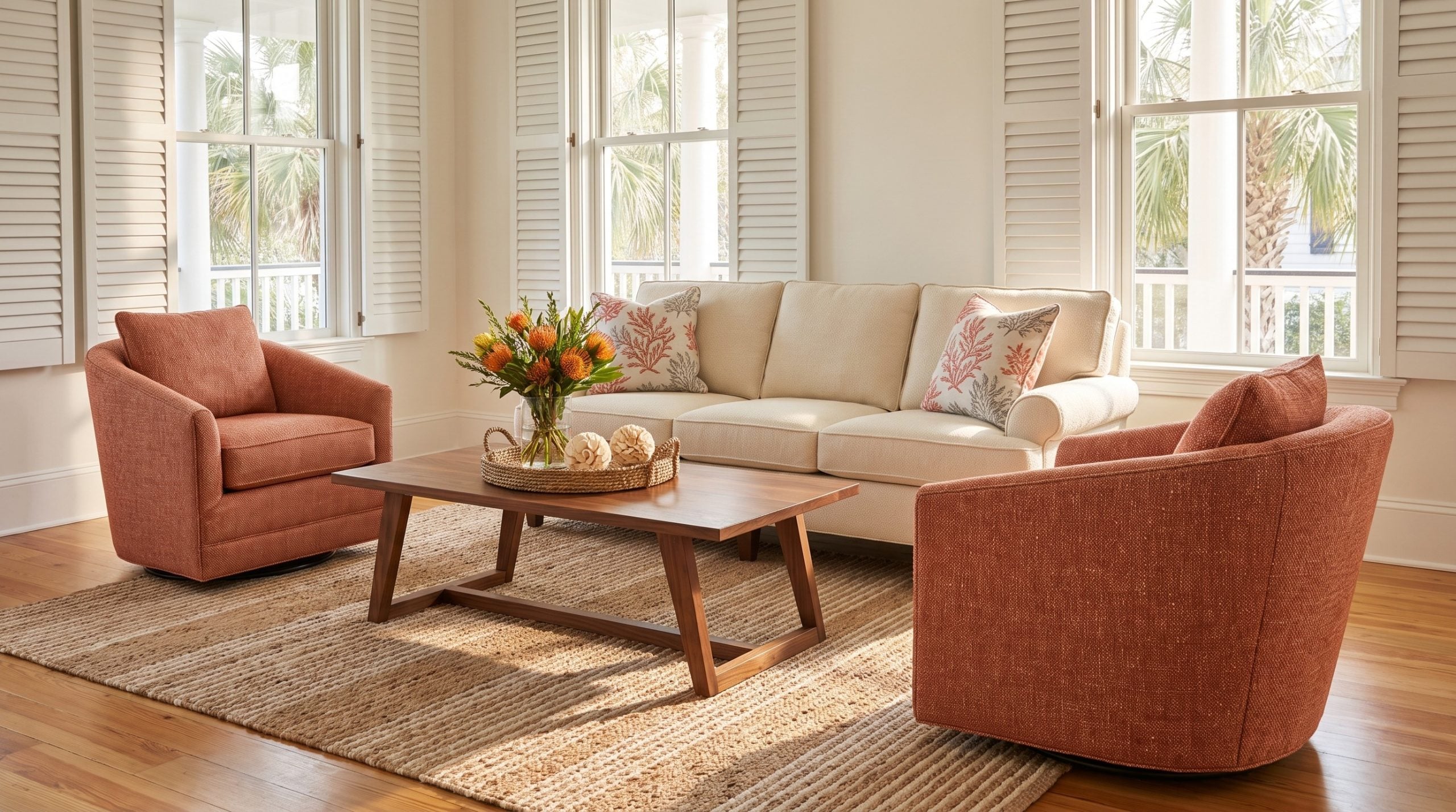 An ivory rolled-arm sofa with two terracotta swivel chairs and a walnut sled coffee table on a jute rug, louvered shutters and palmettos beyond