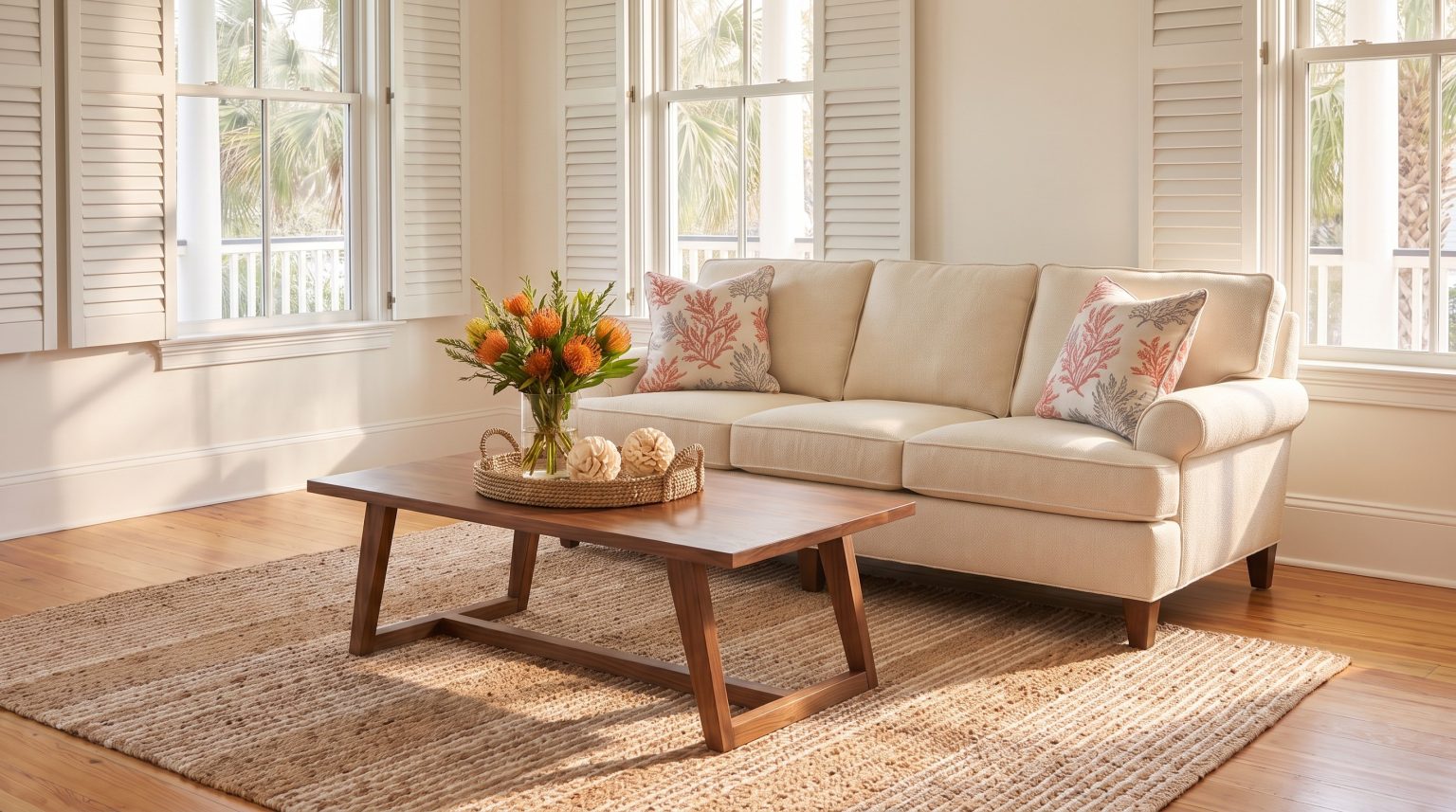 An ivory sofa with coral botanical pillows behind a walnut sled coffee table in warm afternoon light
