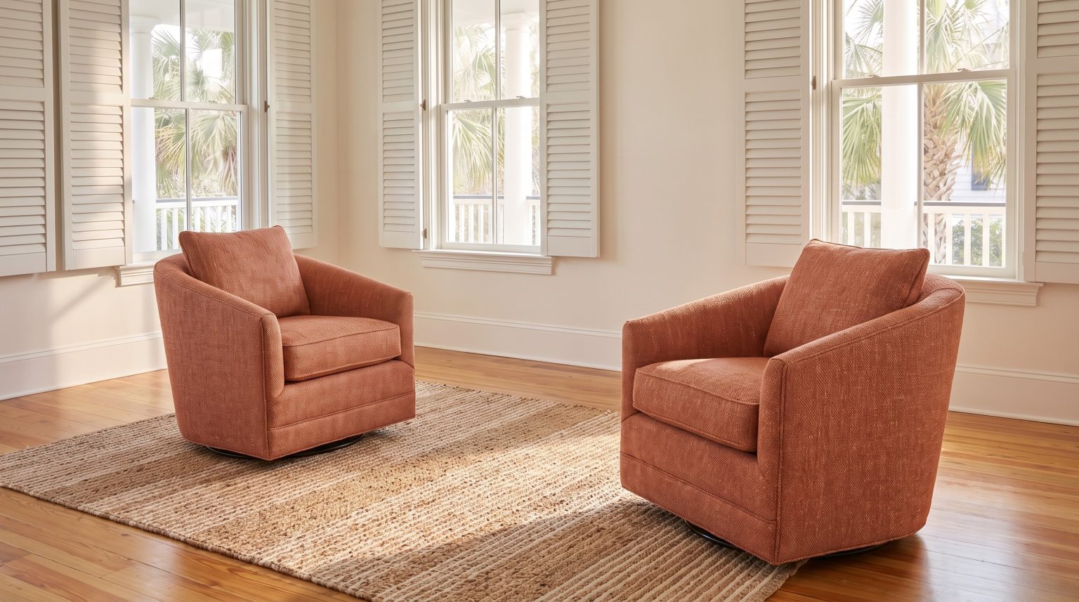 Two terracotta barrel-back swivel chairs angled toward each other on a jute rug