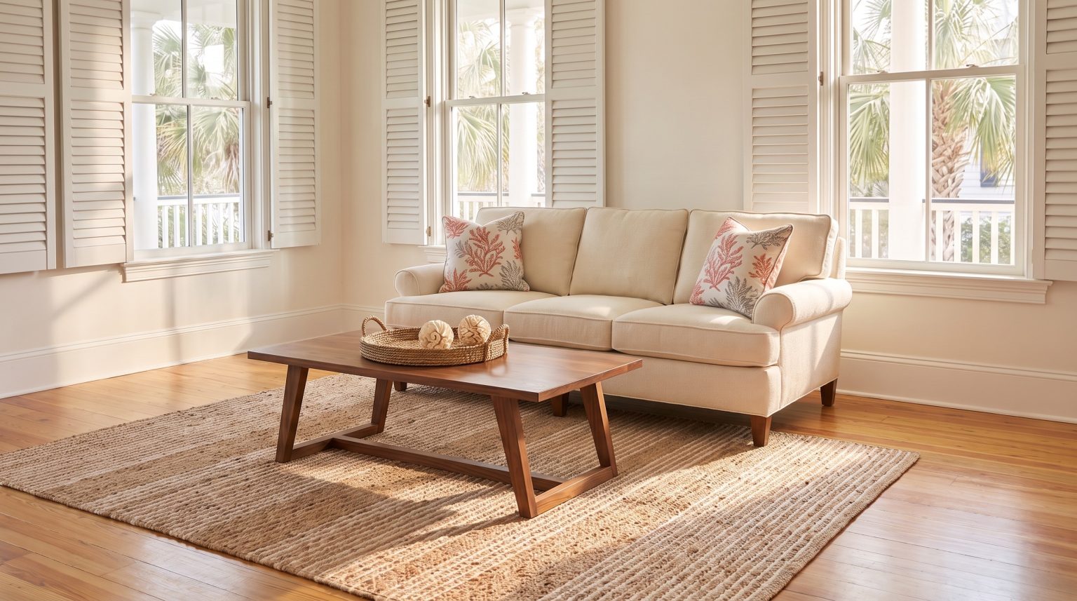 A walnut coffee table on slanted sled ends with a seagrass tray, an ivory sofa behind