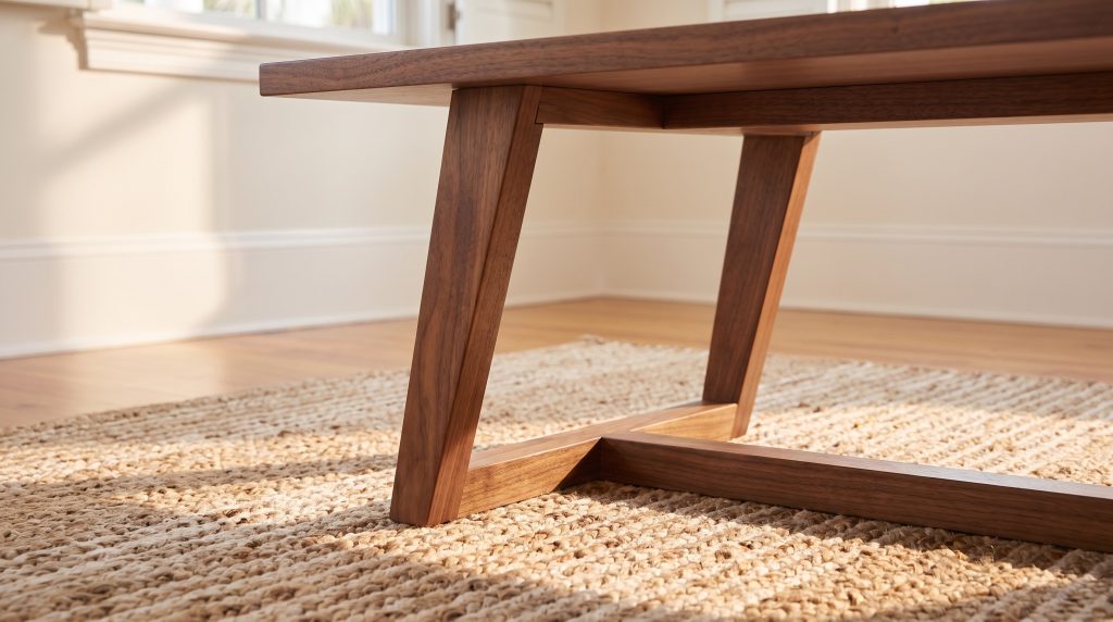 A close view of a slanted walnut leg meeting the floor rail of a coffee table