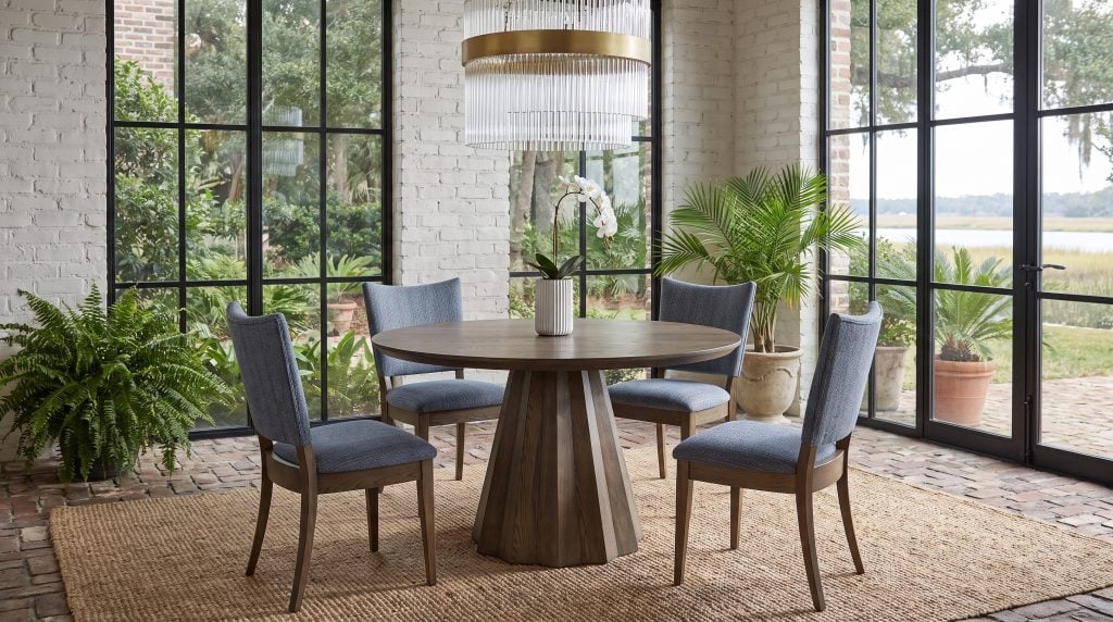 A round white oak table on a faceted pedestal with four blue-gray upholstered chairs under a glass-rod chandelier, black steel windows onto a creek