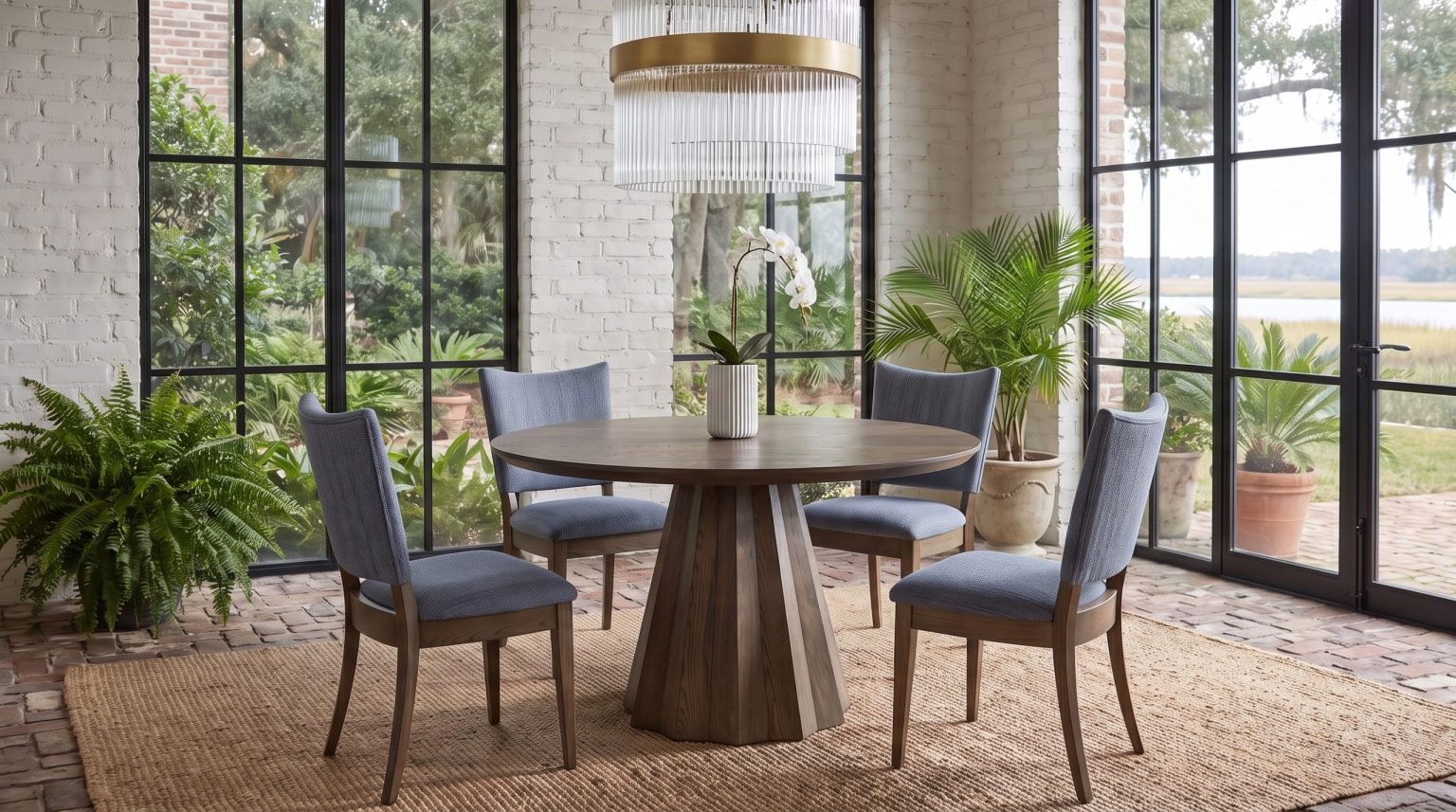 A round gray-brown oak table on a faceted pedestal with blue-gray chairs in a brick garden room