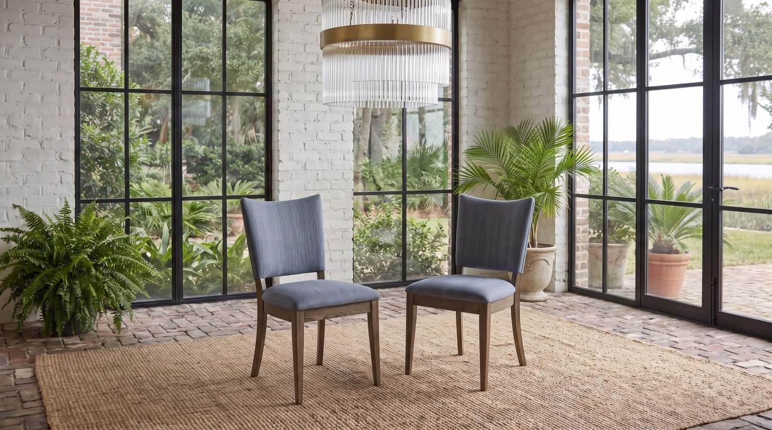 Two blue-gray tweed dining chairs on oak saber legs before black steel windows