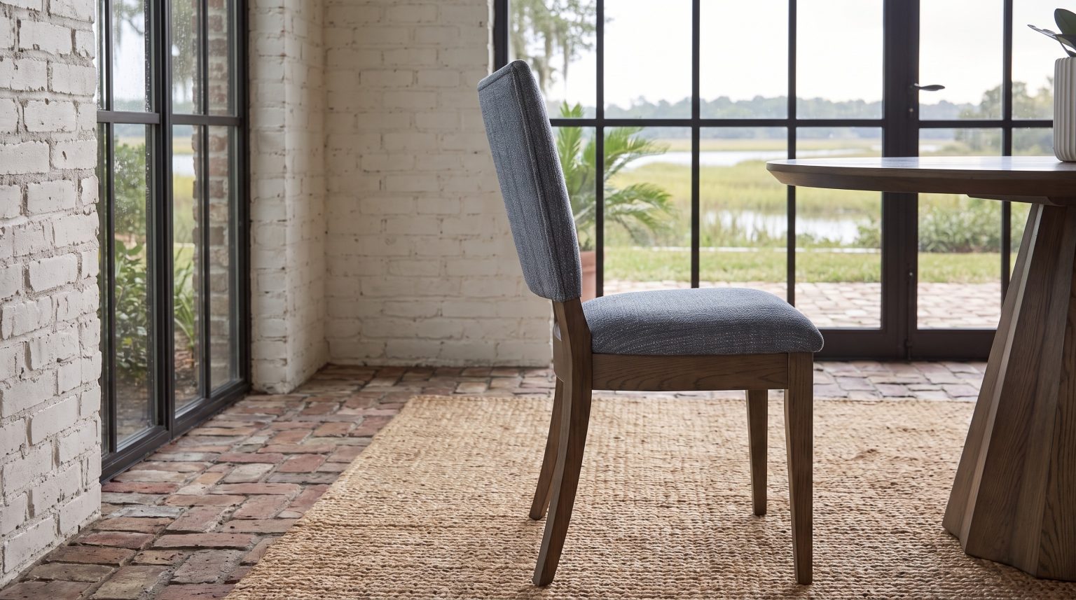 A blue-gray dining chair in side view beside a faceted oak pedestal on old brick paving
