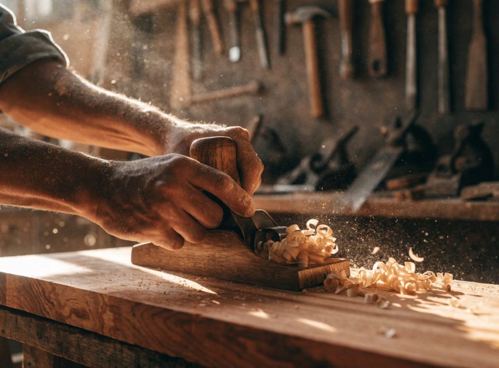 Hand-planing a board in the workshop