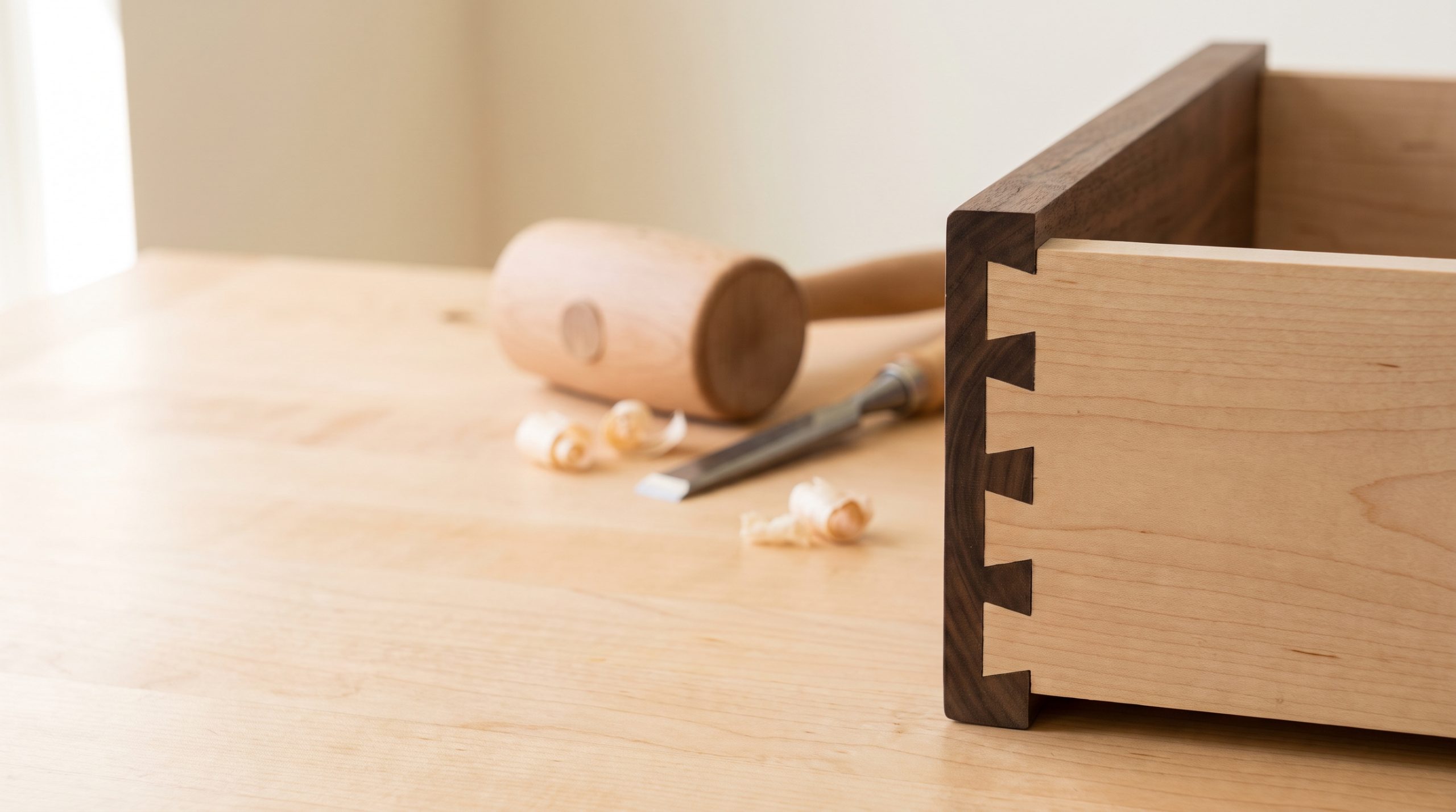 A hand-cut dovetail joint joining a maple drawer side to a walnut drawer front, with a wooden mallet, chisel and shavings on the workbench