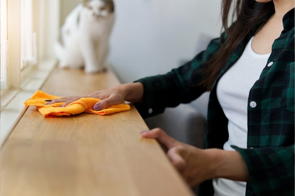Dusting a solid wood furniture surface with a soft cloth