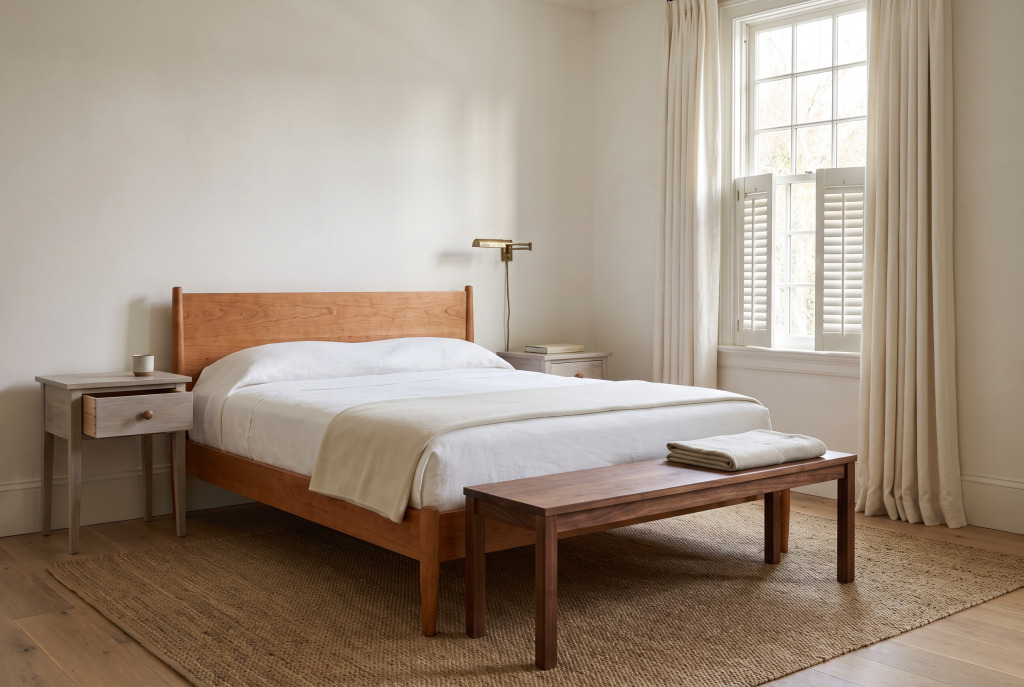 A bedroom in solid hardwood: a cherry bed frame, a lime-washed brown maple nightstand with its dovetailed drawer half open, and an oiled walnut bench on a seagrass rug.