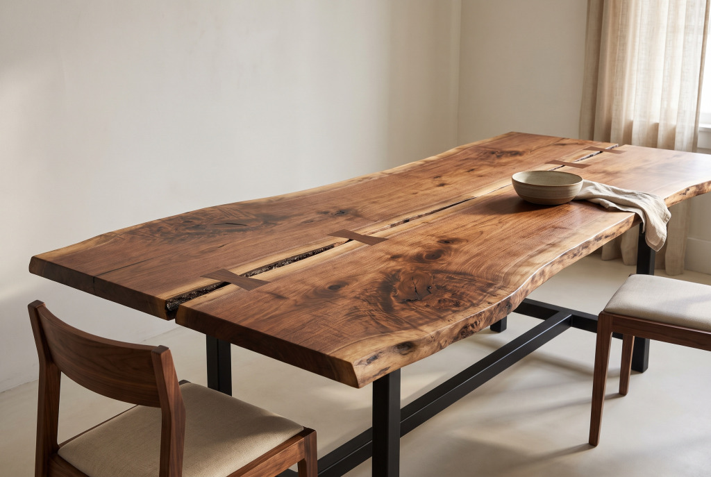 A black walnut live edge slab table: the tree’s own waney edge, bark left in the check and walnut butterfly keys bridging the split, on a blackened steel base.