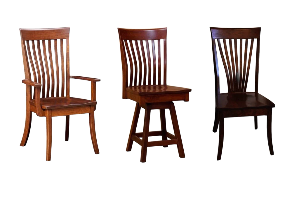 Three Amish dining chairs in cherry and walnut finishes, shown without a background