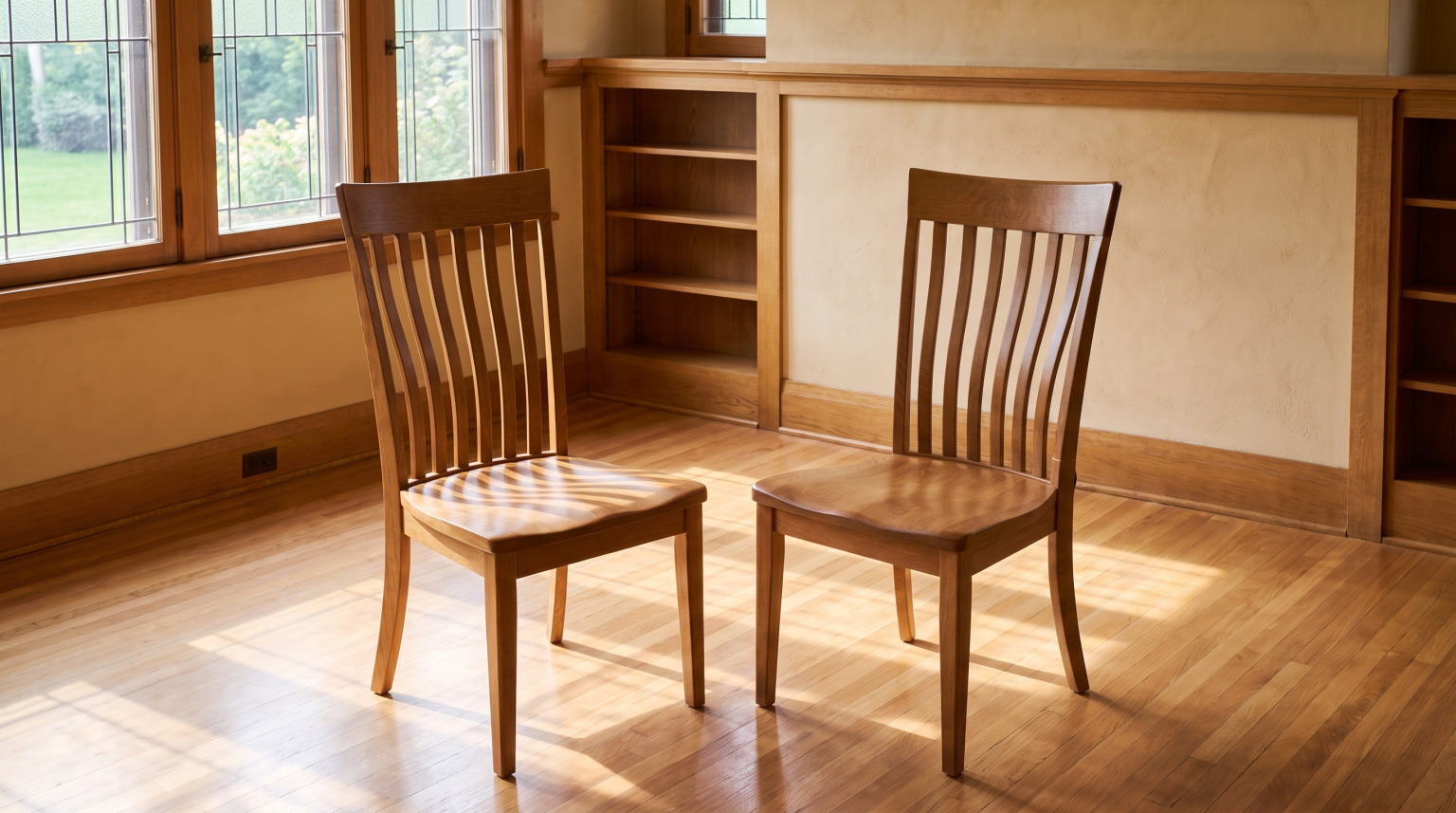 A pair of Chandler slat-back dining chairs in quarter sawn white oak with a driftwood stain
