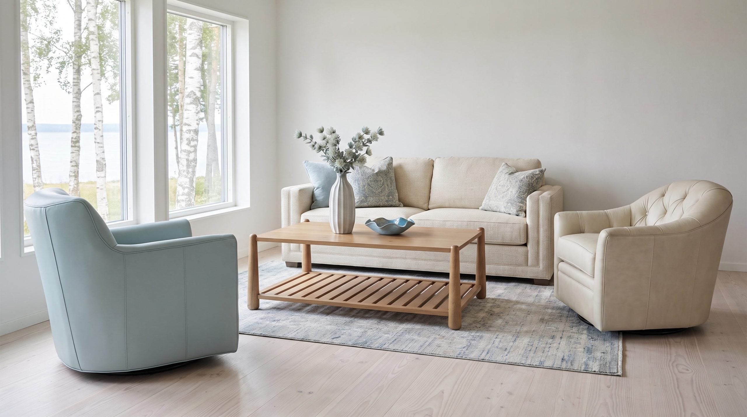 A light blue leather swivel chair, cream sofa and cream tufted barrel chair around an oak coffee table in a white room with tall windows onto birches and water