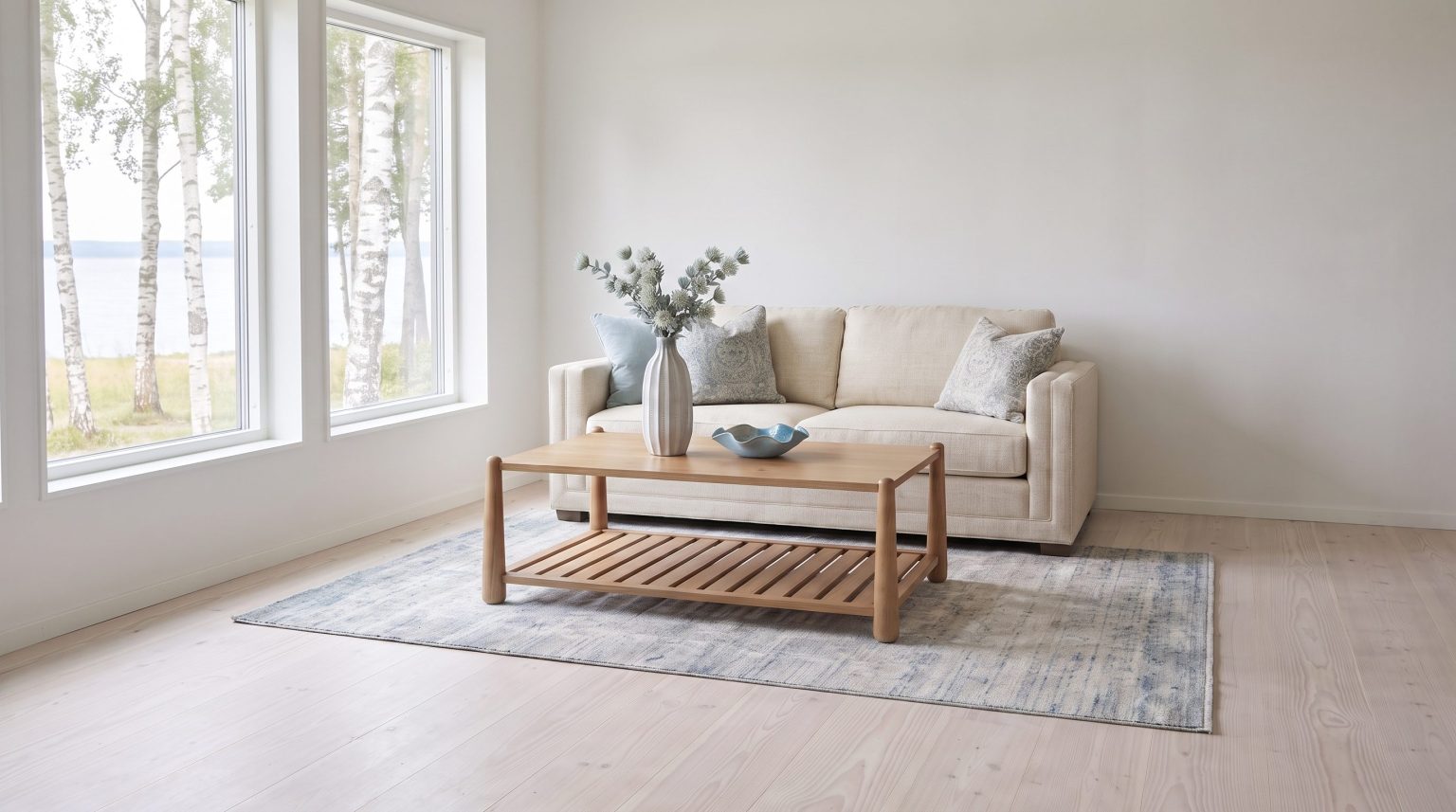 A cream sofa behind a light oak coffee table with a slatted lower shelf on a pale gray-blue rug