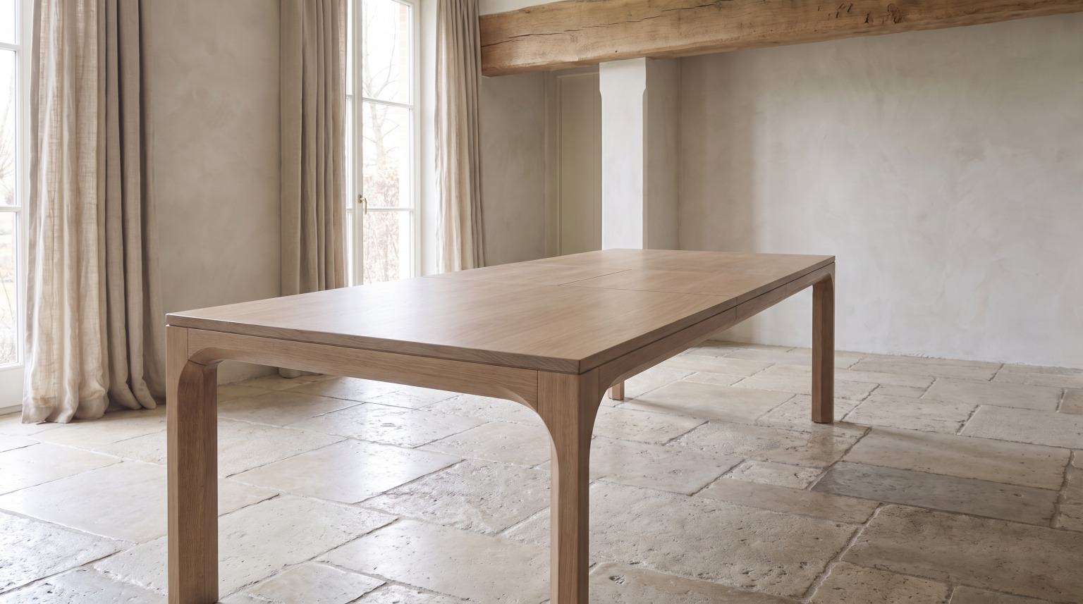 A plain brown maple dining table standing empty on a stone flag floor