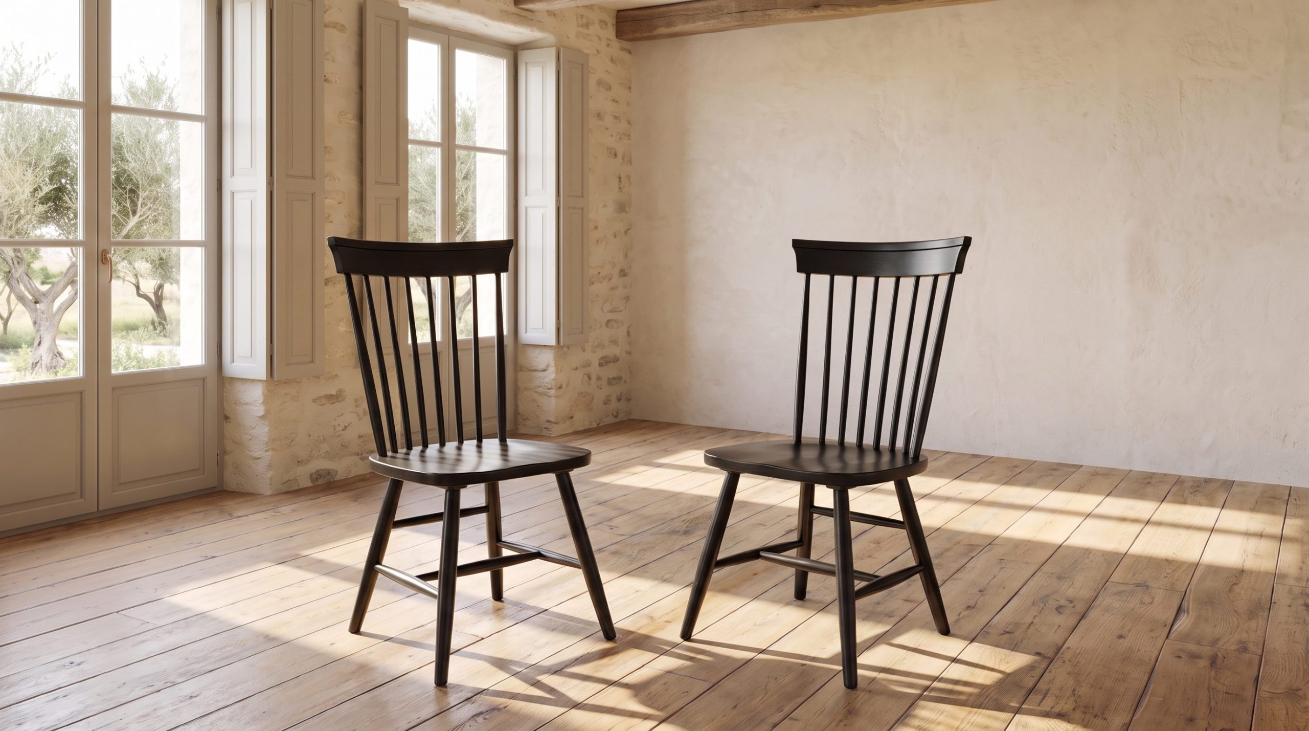 A pair of black painted spindle-back dining chairs on a wide plank floor in low sun