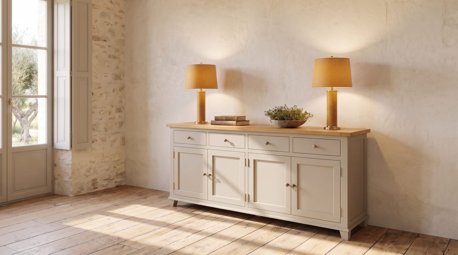 A painted sideboard with an oak top and two brass-shaded lamps against a plaster wall