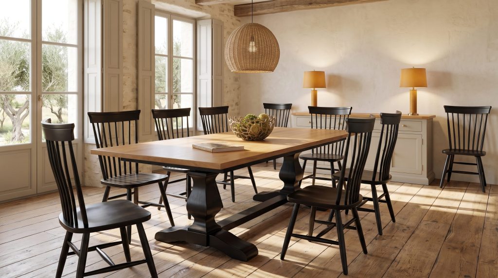 An oak-topped table on a black painted base with black spindle-back chairs in a plaster room with a beam and French doors onto olive trees