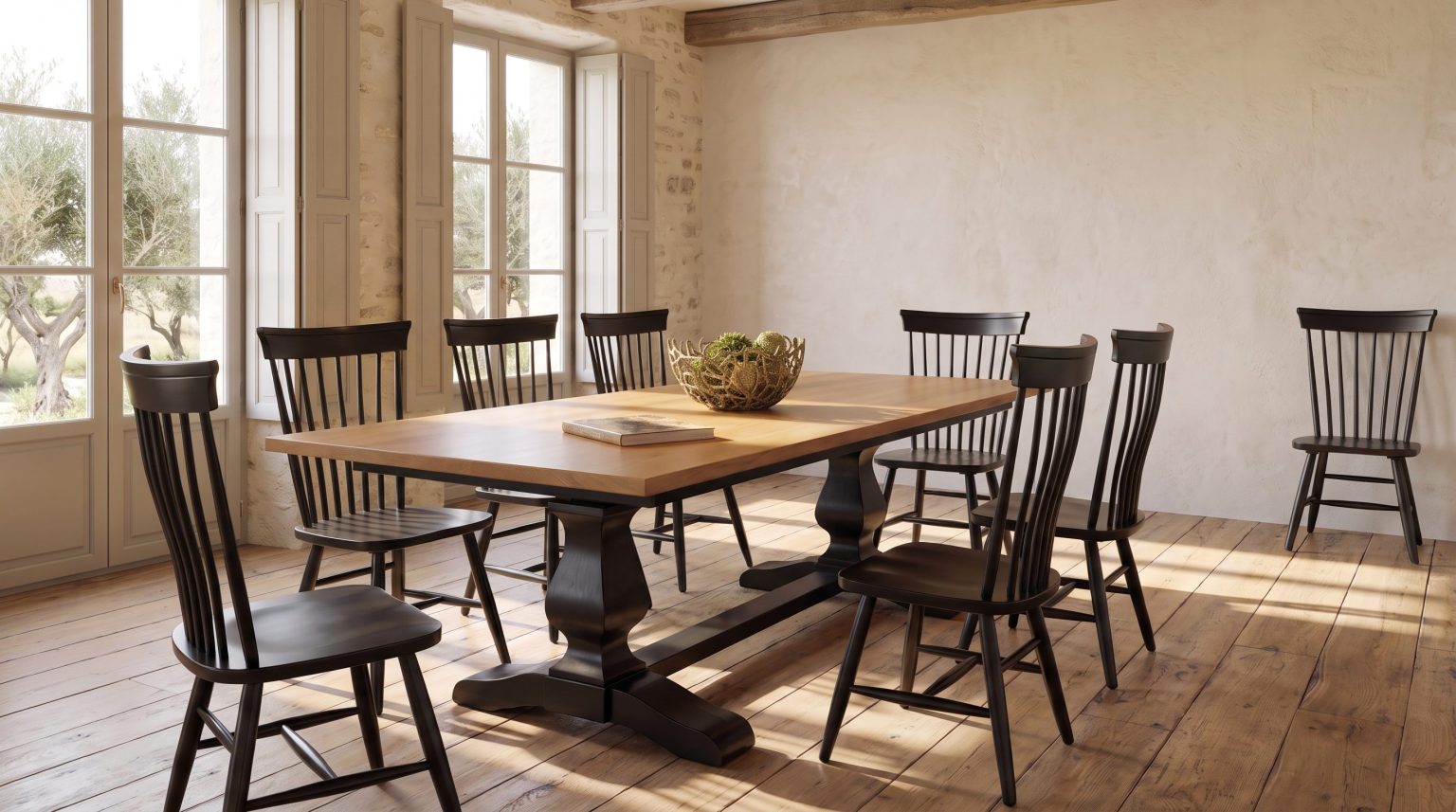 A long oak table top on a black double pedestal base surrounded by black spindle-back chairs