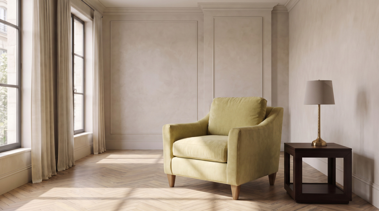 A chartreuse velvet armchair beside a dark walnut end table and brass lamp at a tall window