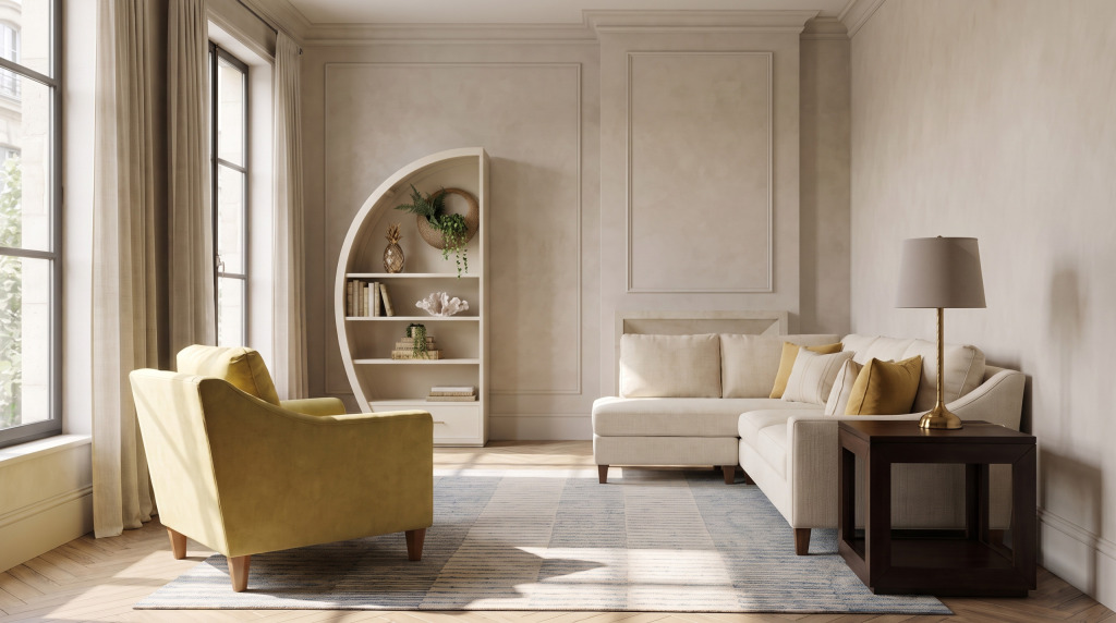 A chartreuse velvet chair, cream sofa and arched painted cabinet in a paneled room with tall windows