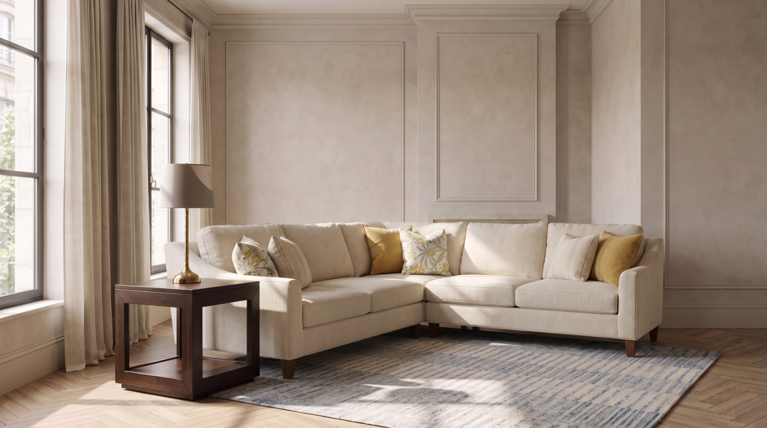 A cream upholstered sofa with a mustard pillow beside a dark walnut end table in afternoon light