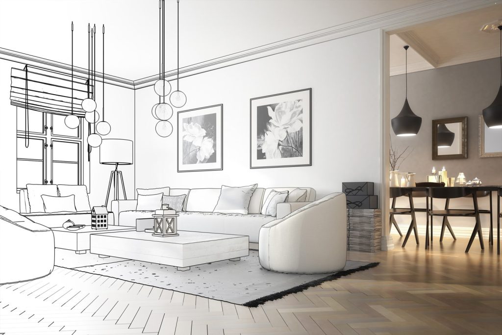 A hand-drawn living room furniture design sketch