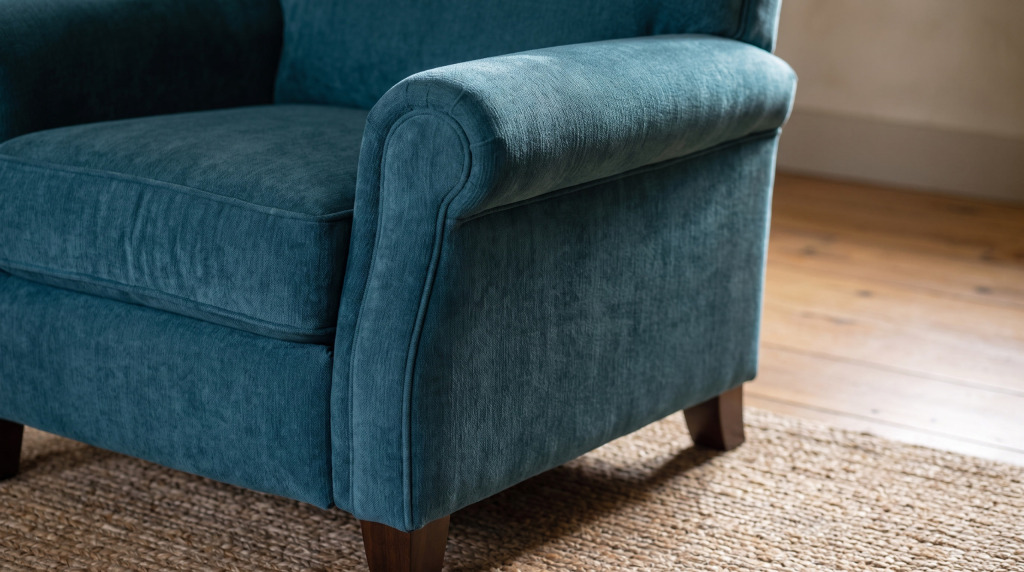 Close-up of teal chenille over the rolled arm of a recliner with its tapered wood leg on a jute rug