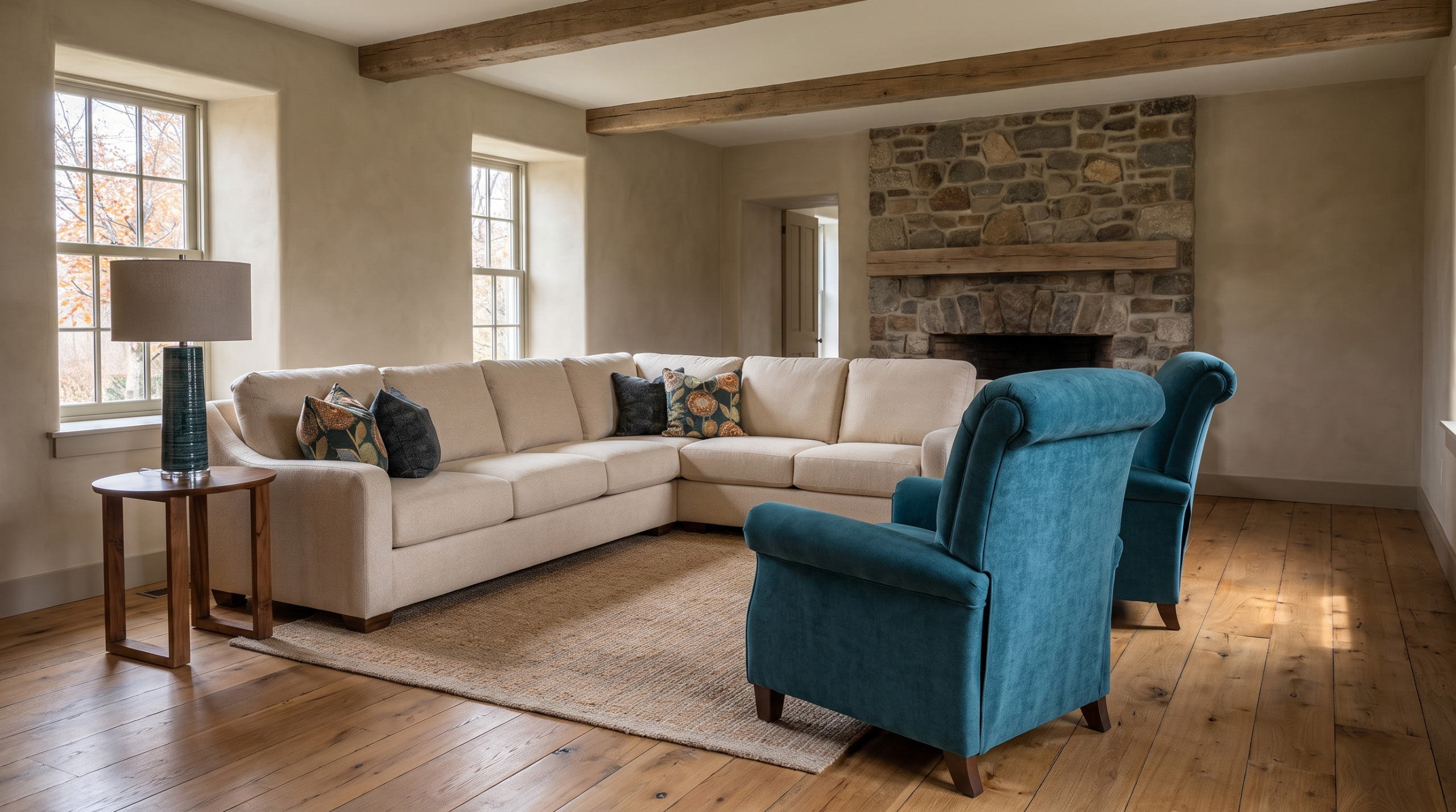 A cream sectional and two teal recliners on a jute rug in a beamed farmhouse room with a stone fireplace
