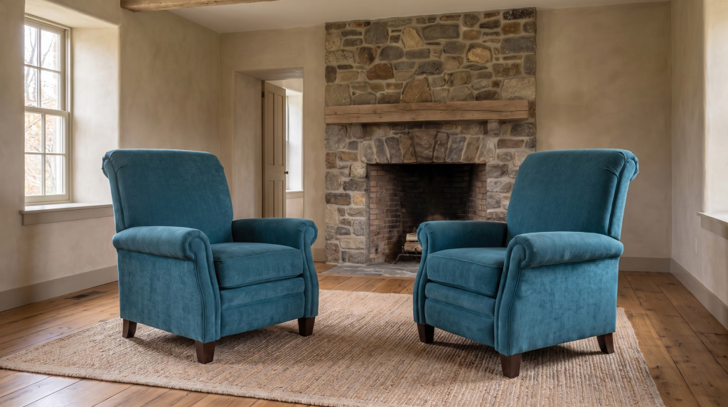Two teal chenille recliners facing a dry-stacked stone fireplace on a jute rug