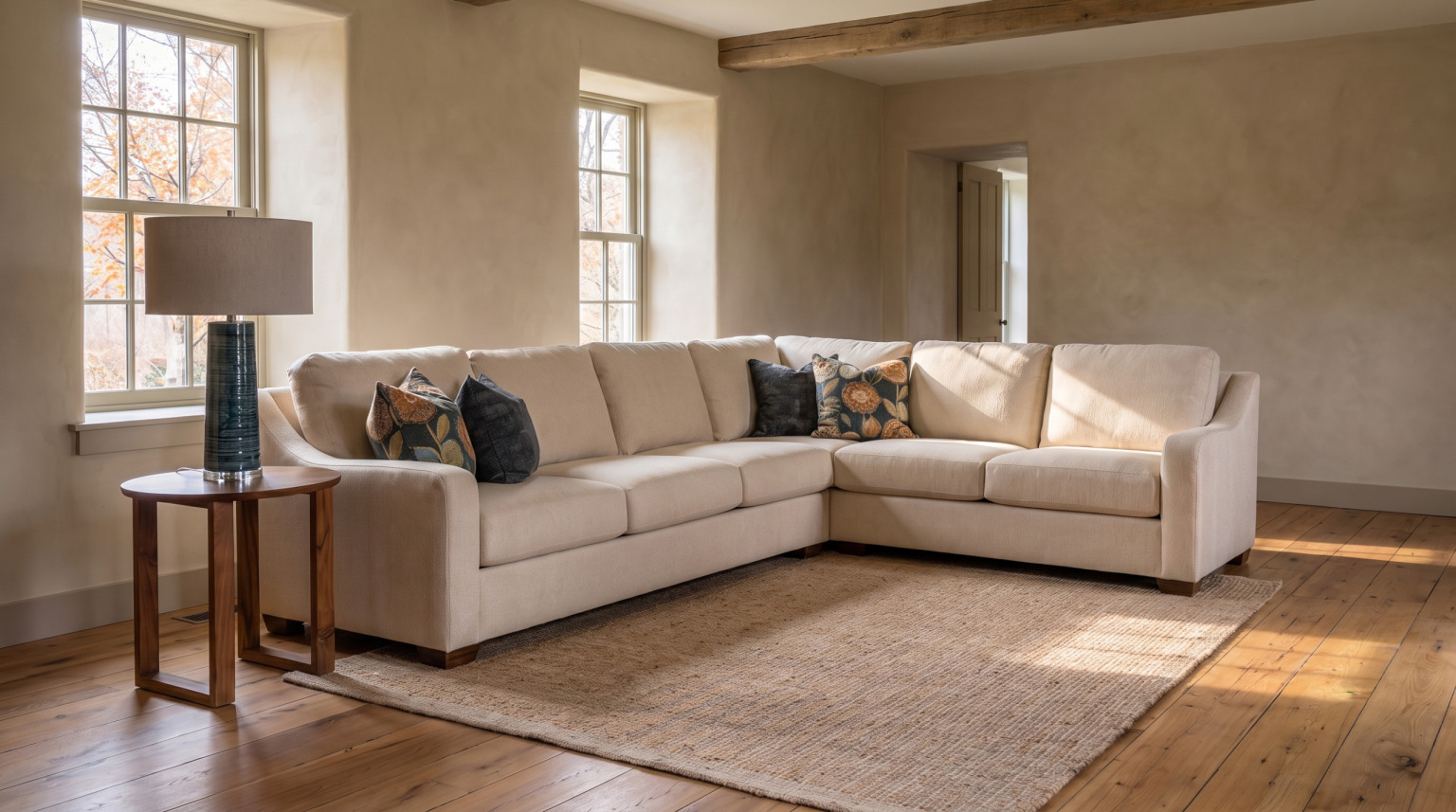 A cream corner sectional beside a round walnut end table with a teal ceramic lamp at a deep-set window