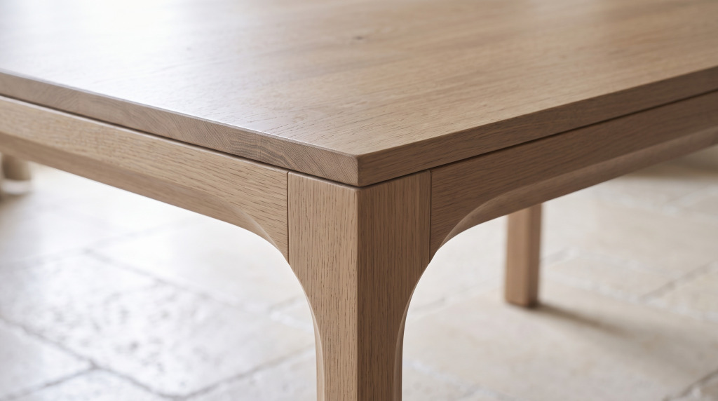 A close view of a dining table corner where the leg sweeps into the apron as one continuous curved bracket
