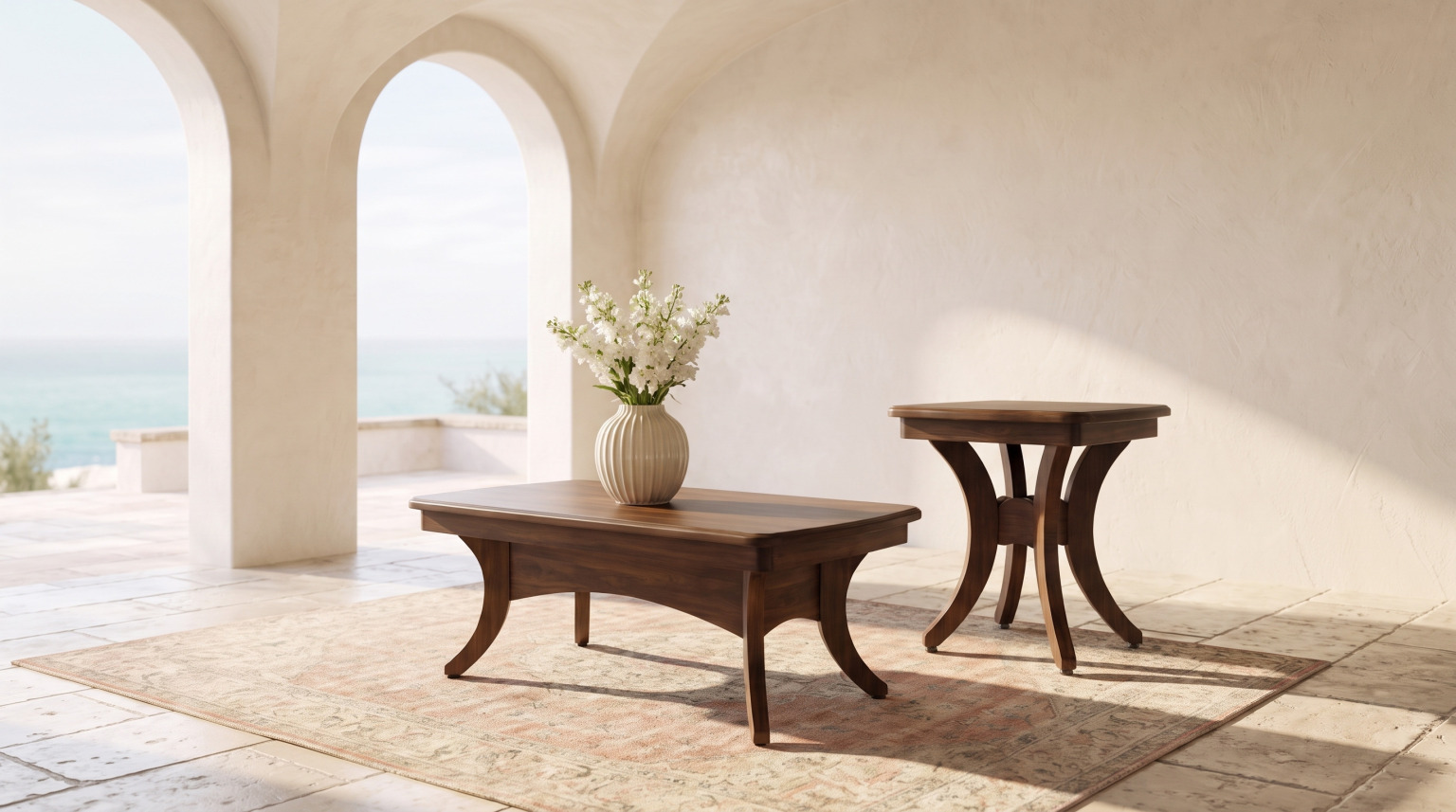A brown maple coffee table and end table with shaped legs and molded edges, on a faded rug