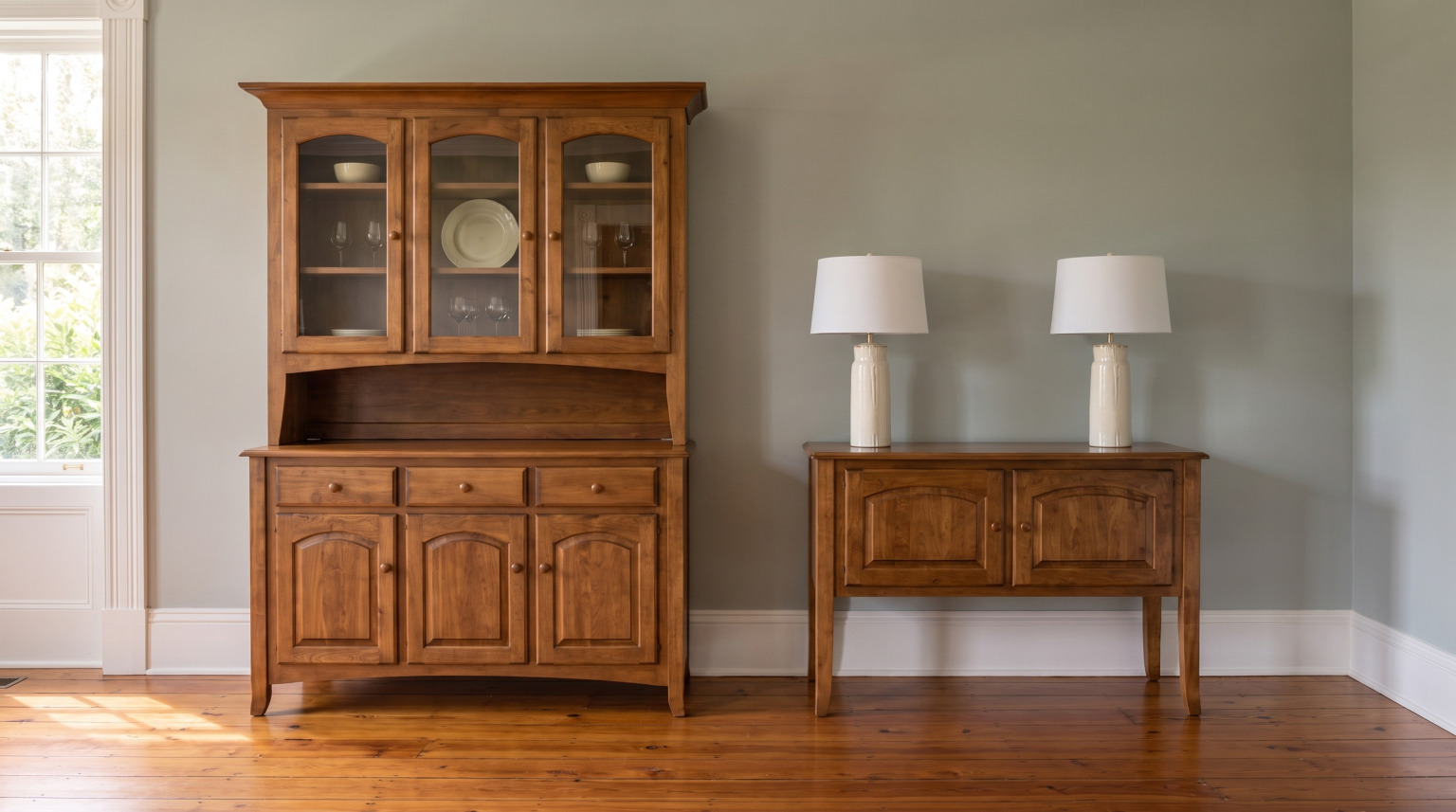 A three-door glazed hutch and a matching server in brown maple with bronze hardware against a sage wall