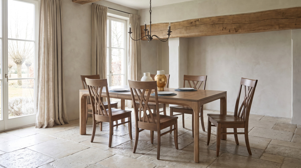 A pale plaster dining room with a stone flag floor, a plain brown maple table and crossed slat-back chairs under a timber beam