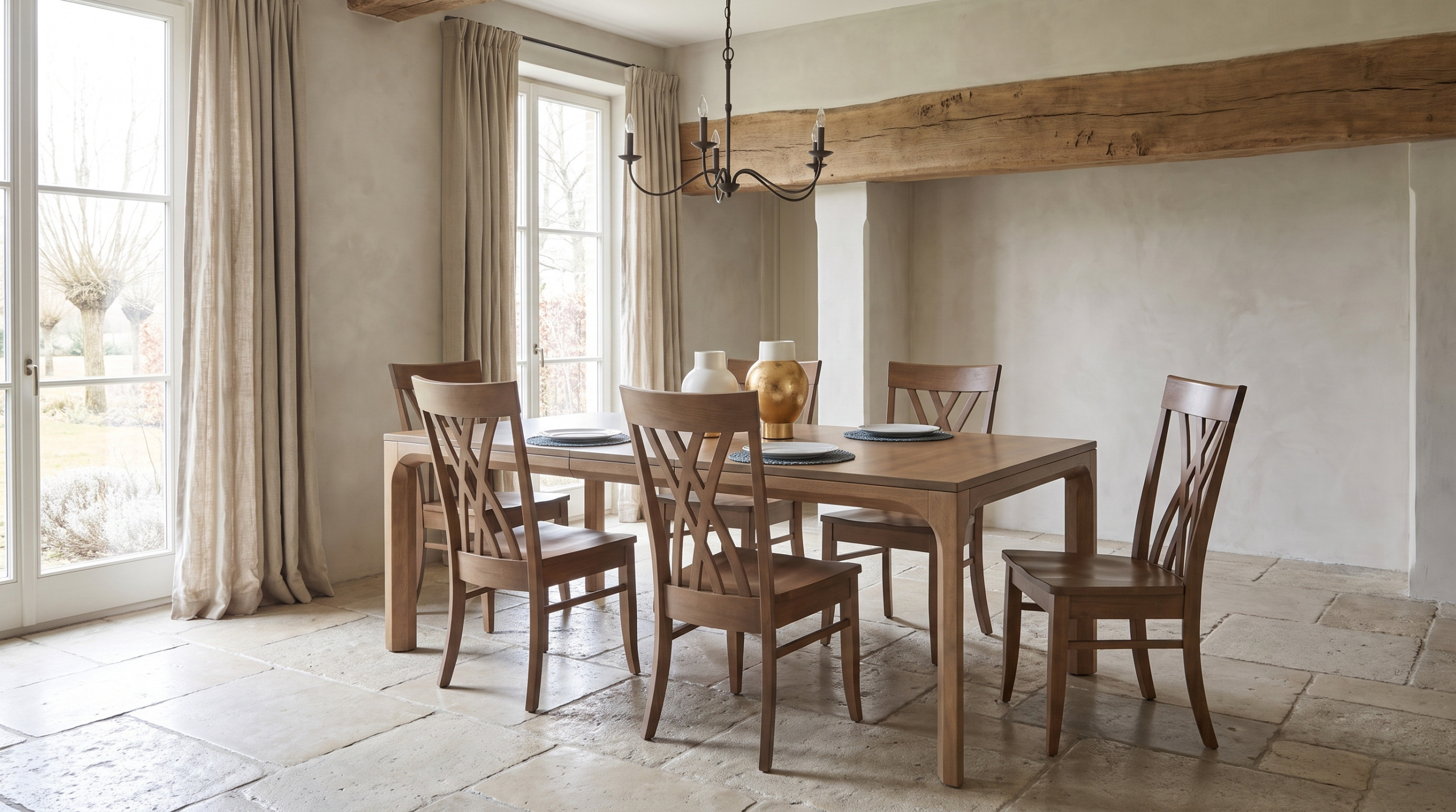 A pale plaster dining room with a stone flag floor, a plain brown maple table and crossed slat-back chairs under a timber beam