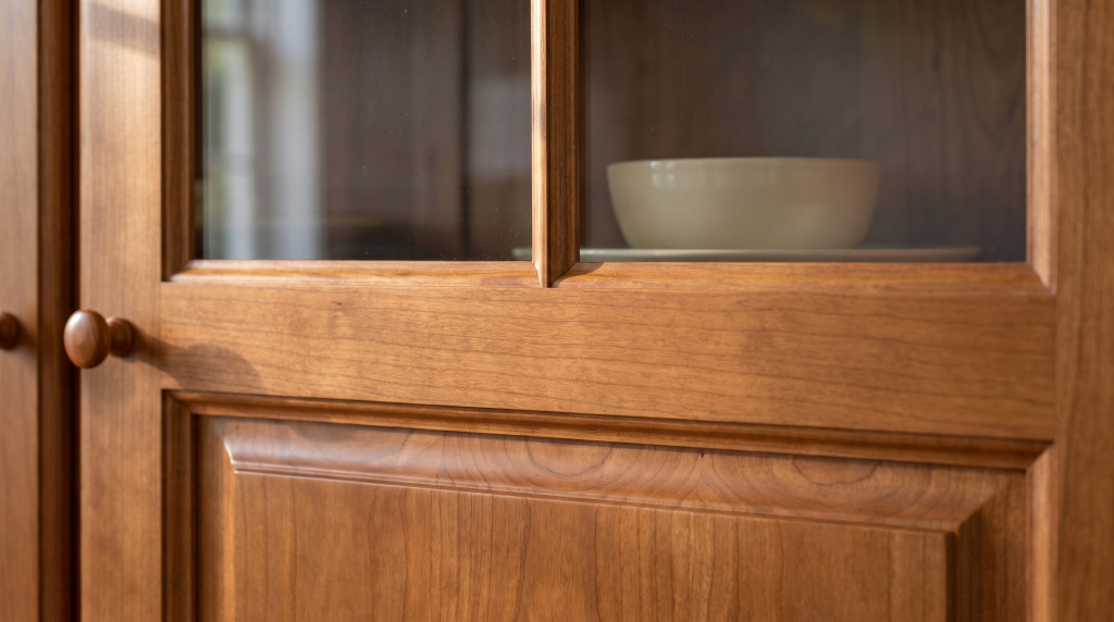 A close view of a glazed hutch door above a raised arched panel with a turned bronze knob