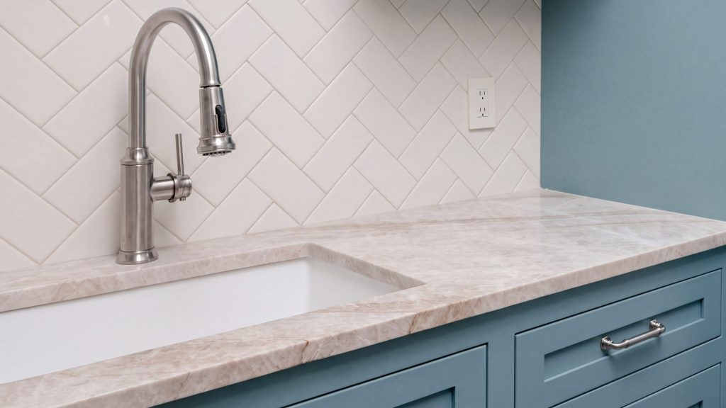 Quartzite and tile: The quartzite top and sink against herringbone tile.